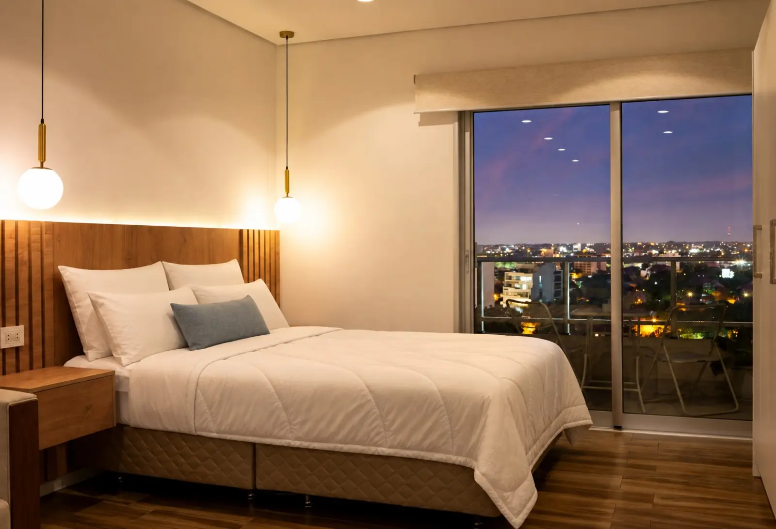 Dormitorio de un departamento gestionado por MOA Properties, con vista nocturna sobre Asunción
